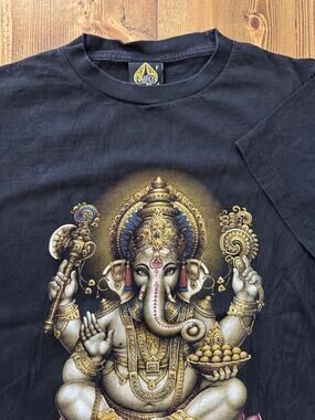 Vintage Thai Thailand Elephant Double Sided 90's Medium Black T-Shirt Gold Art